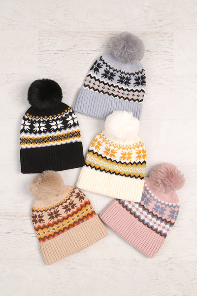 SNOWFLAKE KNITTED POMPOM BEANIE