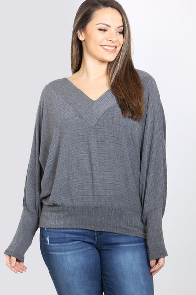 CHARCOAL V-NECK DROP SHOULDER RIBBED LONG SLEEVE PLUS SIZE TOP 3-2-1