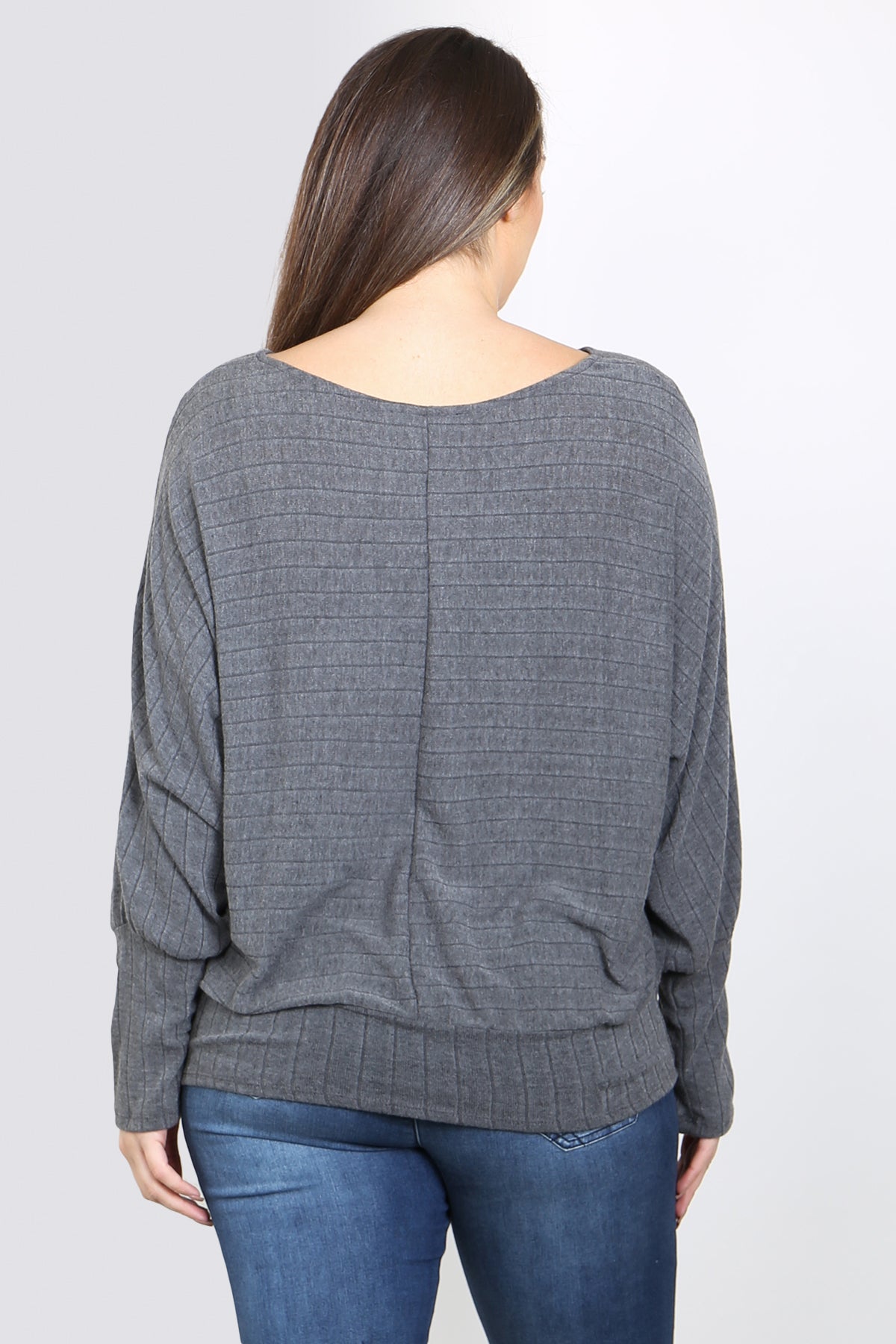 CHARCOAL V-NECK DROP SHOULDER RIBBED LONG SLEEVE PLUS SIZE TOP 3-2-1