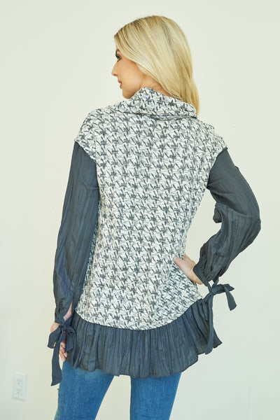 GRAY TURTLE NECK HOUNDSTOOTH DETAIL LONG SLEEVE TOP 2-2-2