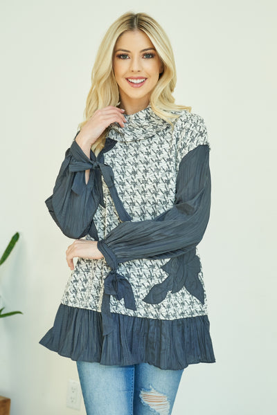 GRAY TURTLE NECK HOUNDSTOOTH DETAIL LONG SLEEVE TOP 2-2-2