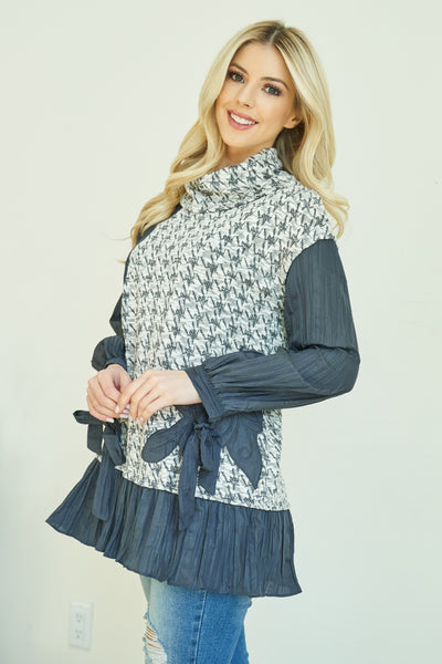 GRAY TURTLE NECK HOUNDSTOOTH DETAIL LONG SLEEVE TOP 2-2-2