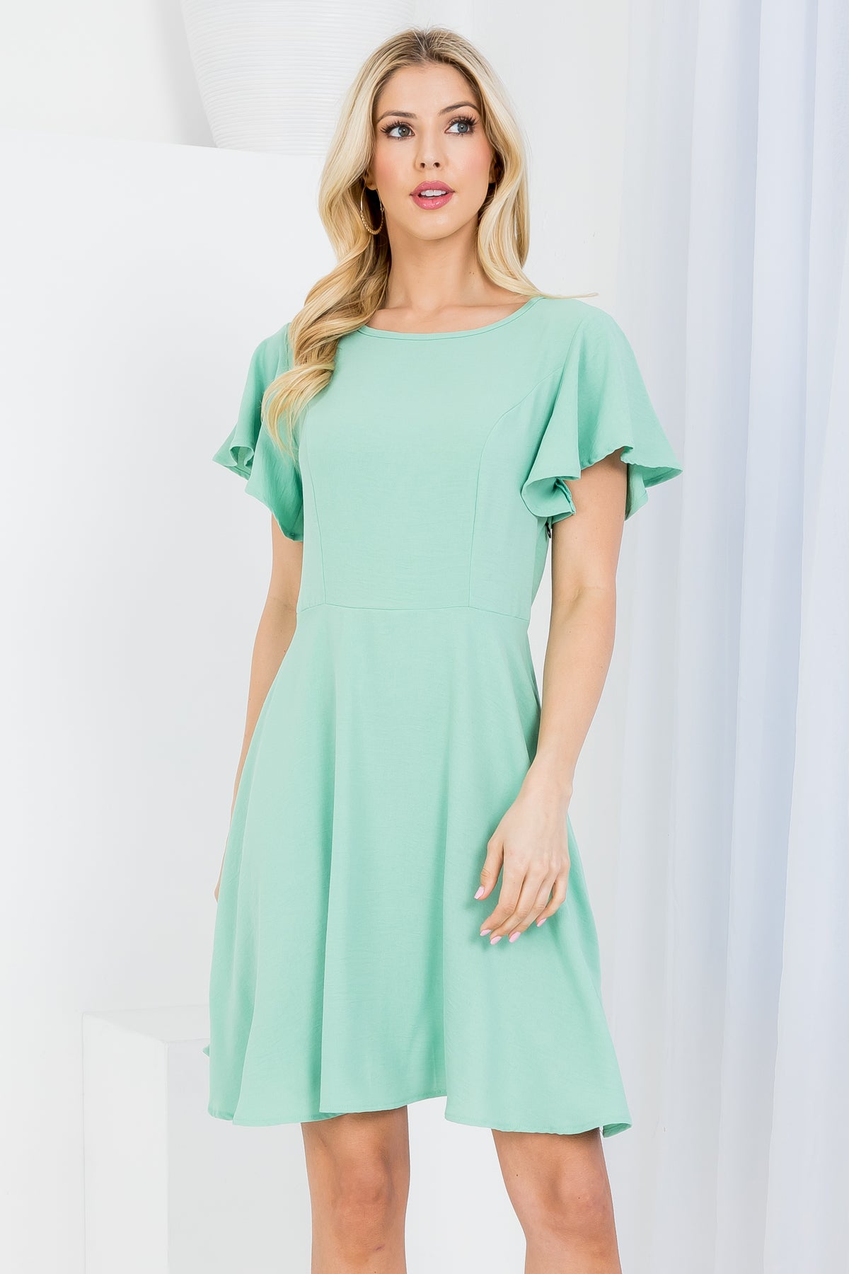 BOAT NECKLINE RUFFLE SLEEVE RUFFLE DRESS 2-2-2