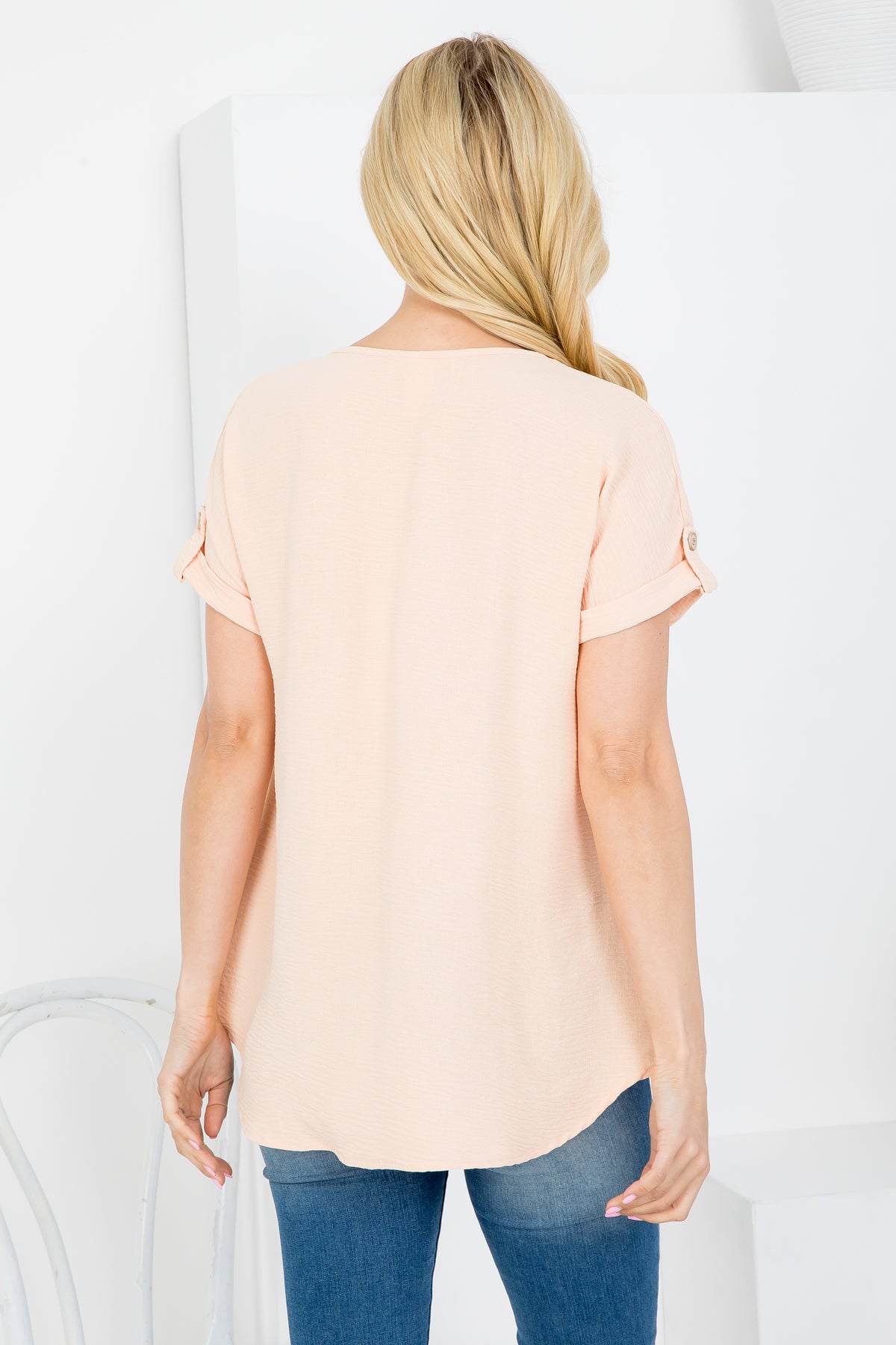 V-NECKLINE WITH BUTTON FOLDED PULL TAB SHORT SLEEVE TOP 2-2-2-1