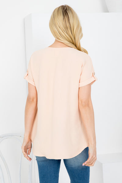 V-NECKLINE WITH BUTTON FOLDED PULL TAB SHORT SLEEVE TOP 2-2-2-1