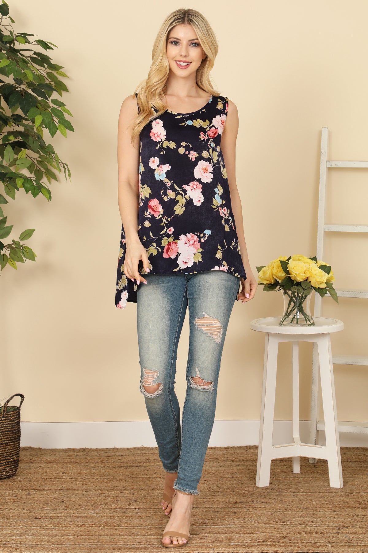 NAVY FLORAL PRINT SCOOPED NECKLINE WITH SIDE SLIT ASYMETRIC TOP 2-2-2