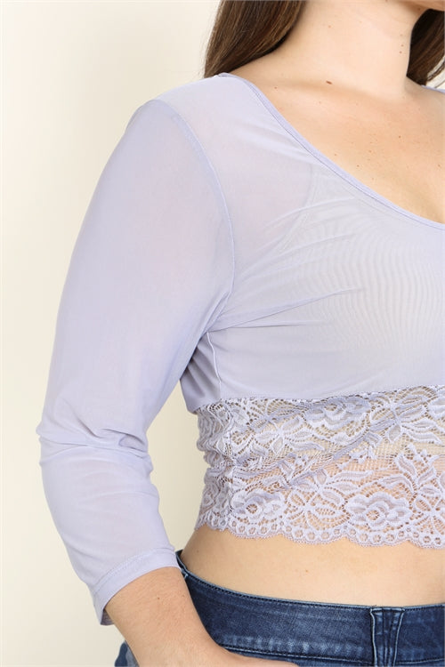 T2147X-SCOOPED NECKLINE FLORAL LACE HEM CROPPED PLUS SIZE TOP 1-4-1