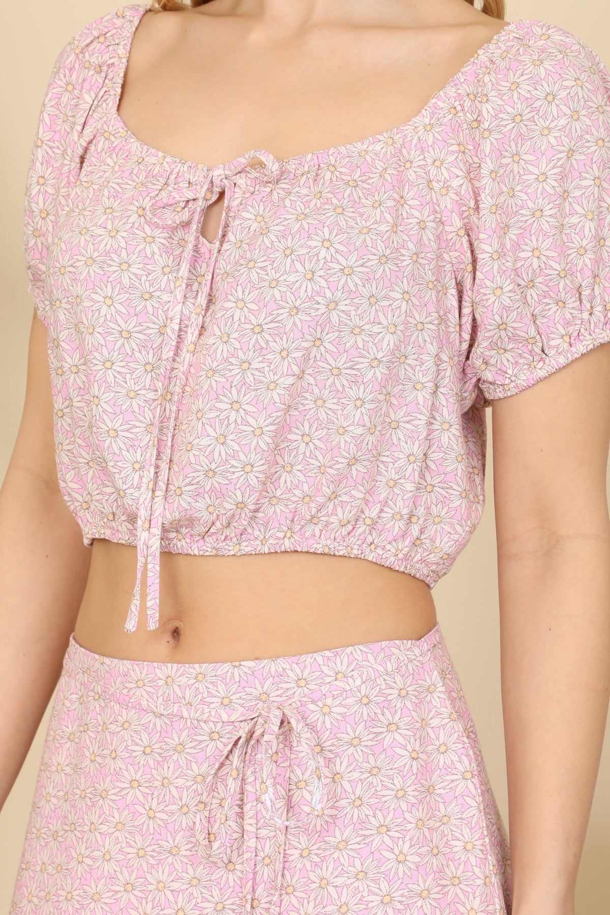 PINK CREAM FLORAL PRINT SCOOPED FRONT TIE NECKLINE TOP & FRONT TIE WAISTLINE SKIRT SET 3-2-1 (NOW $5.75 ONLY!)