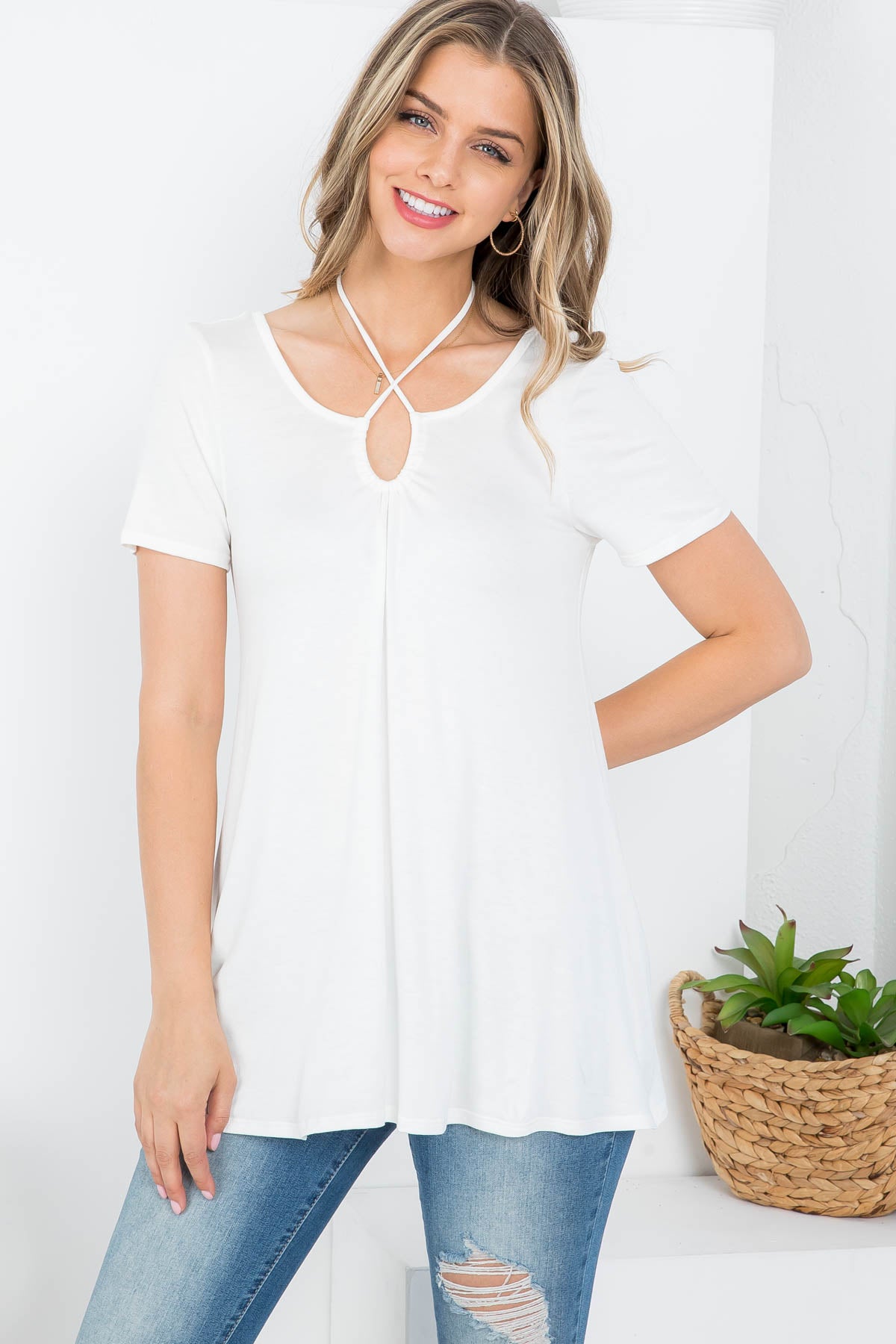 SPAGHETTI STRAP BACK NECKTIE SHORT SLEEVE BLOUSE TOP 2-2-2-2