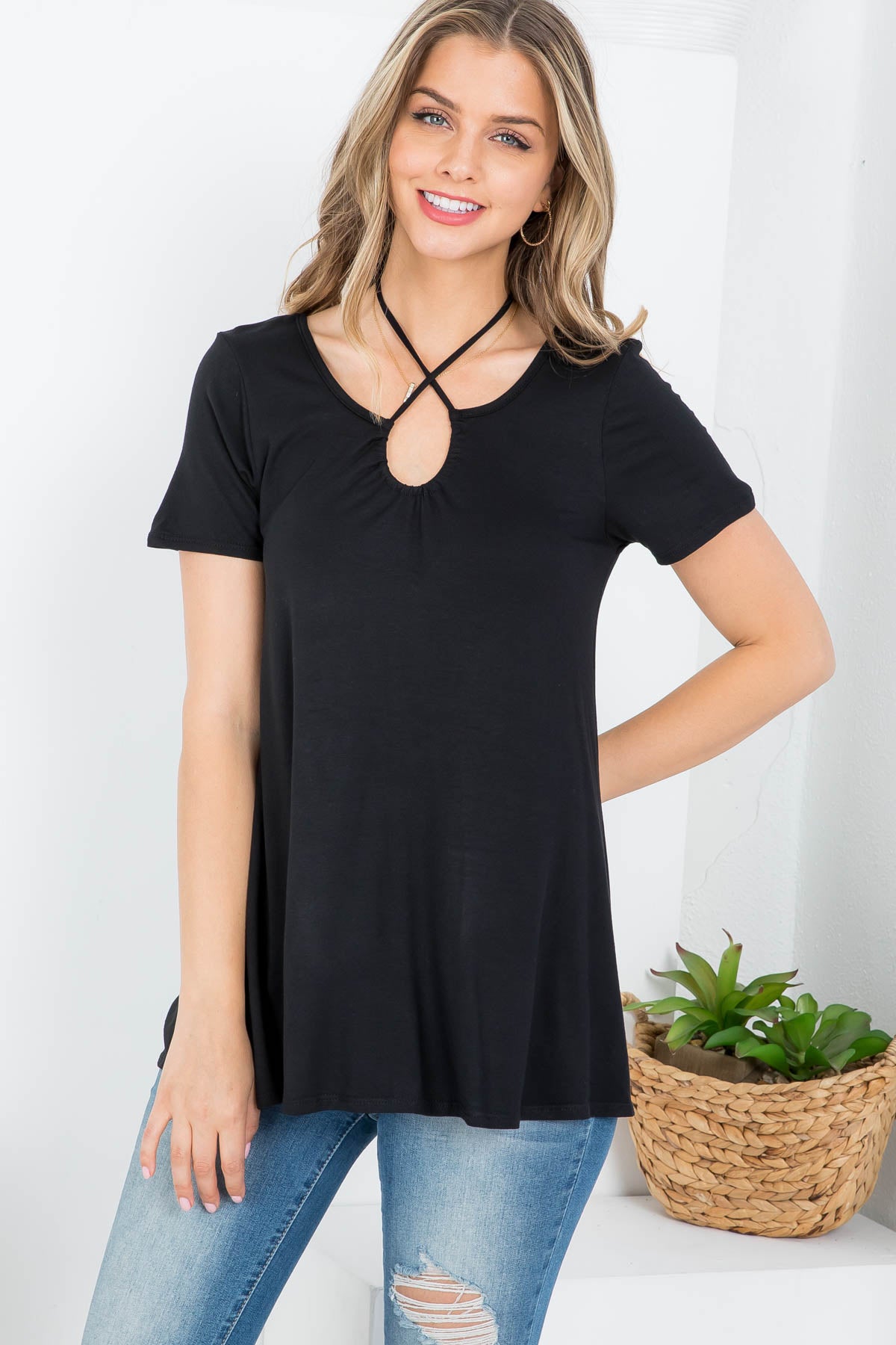 SPAGHETTI STRAP BACK NECKTIE SHORT SLEEVE BLOUSE TOP 2-2-2-2