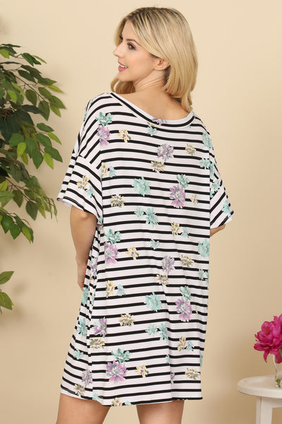 WHITE BLACK STRIPES FLORAL PRINT SCOOPED NECKLINE WITH SIDE POCKET DRESS