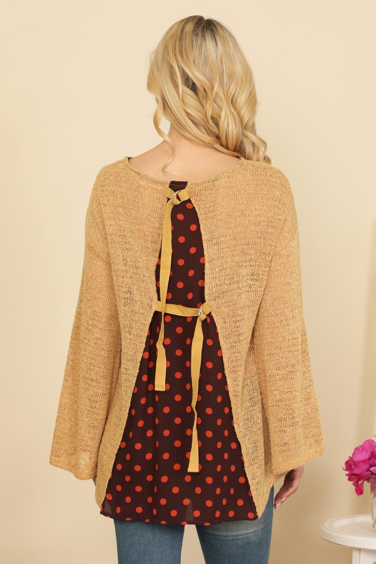 MUSTARD BELL SLEEVE POLKA DOT BACK TOP-2-2-2