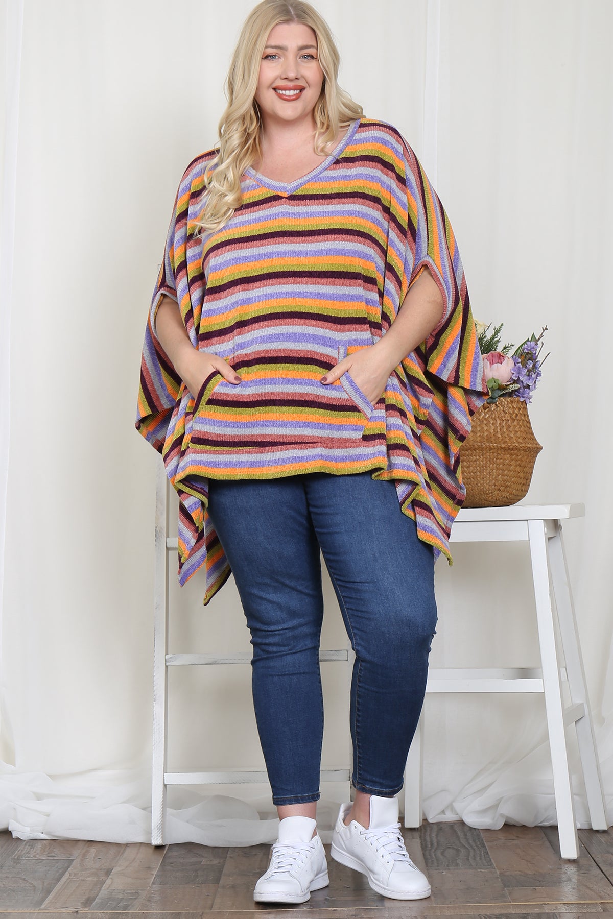 ORANGE PLUS SIZE MULTI STRIPE PONCHO TOP