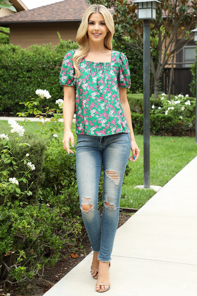 GREEN PINK FLORAL SQUARE NECKLINE TOP 2-2-2 (NOW $3.50 ONLY!)