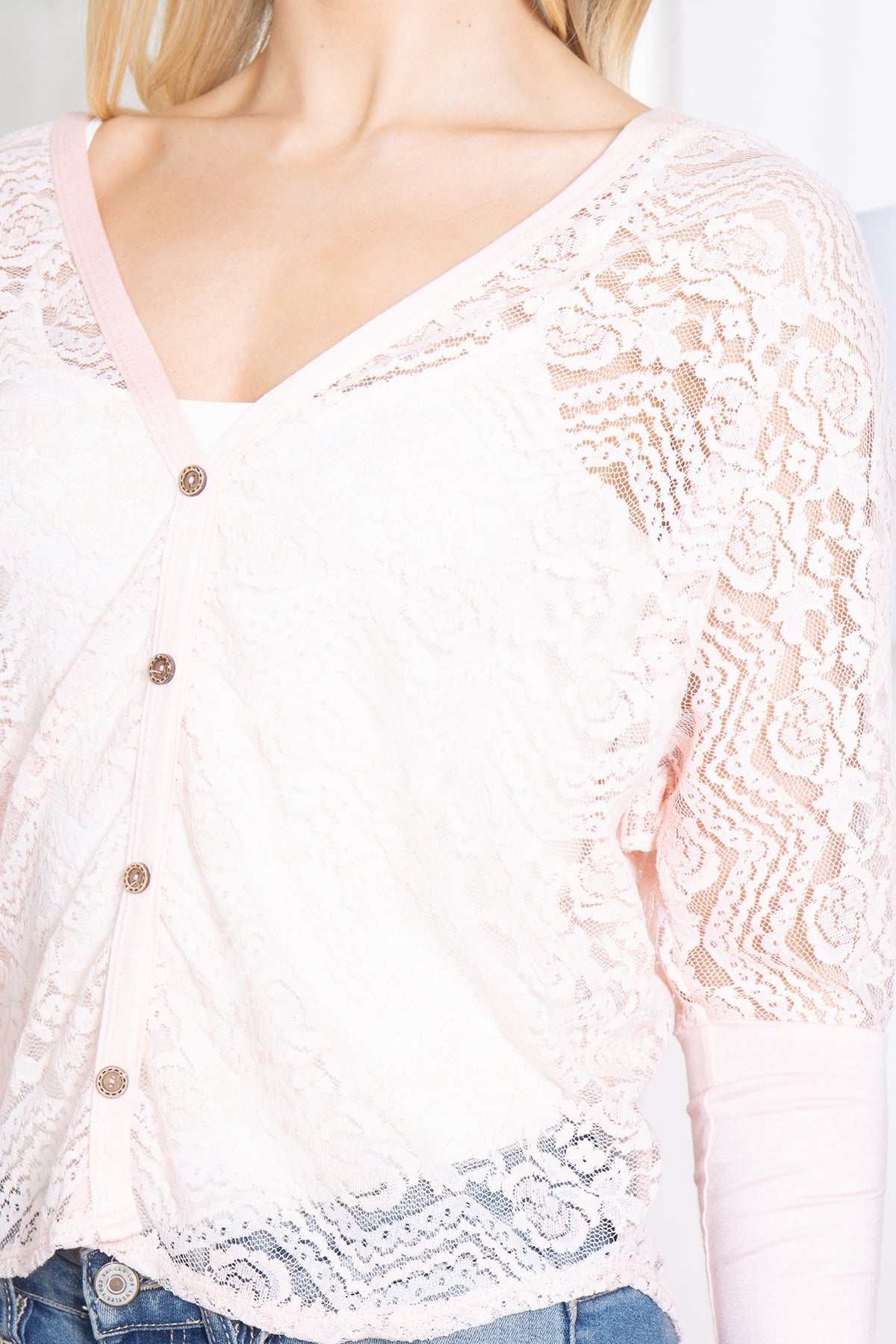 LIGHT PEACH LACE DETAIL BUTTON DOWN TOP 2-2-2 (NOW $3.00 ONLY!)