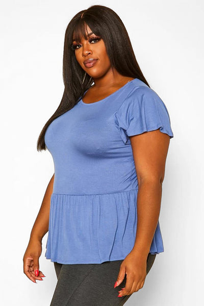 T5399X-BLUE PLUS SIZE FLUTTER SLEEVE TUNIC TOP 2-2-2