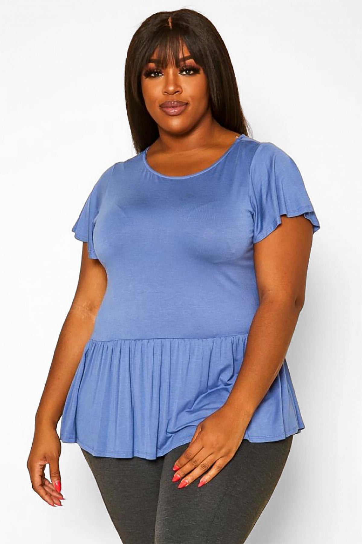 T5399X-BLUE PLUS SIZE FLUTTER SLEEVE TUNIC TOP 2-2-2