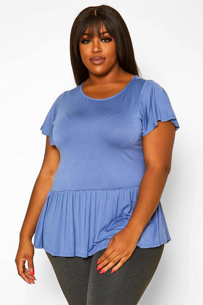 T5399X-BLUE PLUS SIZE FLUTTER SLEEVE TUNIC TOP 2-2-2