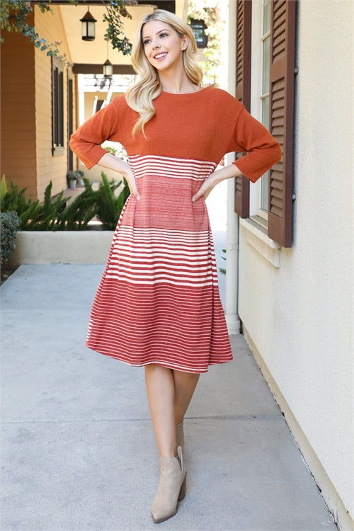 DS51037-QUARTER SLEEVE STRIPE DRESS 2-2-2