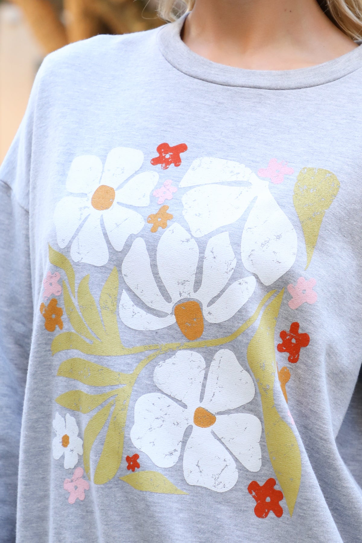 HEATHER GREY FLORAL PRINT PULLOVER TOP 2-2-2 (NOW $5.75 ONLY!)