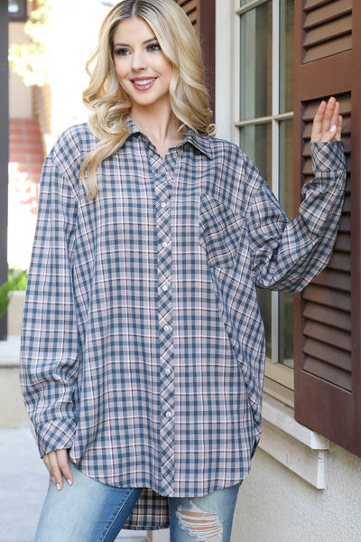 NAVY BROWN PLAID BUTTON DOWN TOP 2-2-2