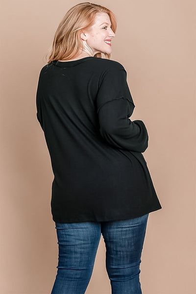 BLACK PLUS SIZE V-NECK LONG SLEEVE TOP 2-2-2