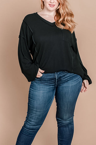 BLACK PLUS SIZE V-NECK LONG SLEEVE TOP 2-2-2