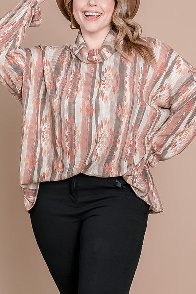 RUST TAUPE PLUS SIZE COWL NECK AZTEC TOP 2-2-2