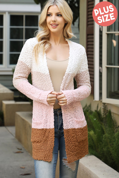 PLUS SIZE MOCHA COMBO BLOCK POPCORN CARDIGAN 2-2-2