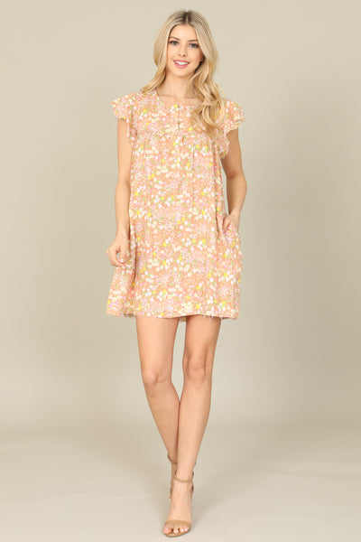 CORAL FLOWERS RUFFLE SLEEVE MINI DRESS 2-2-2