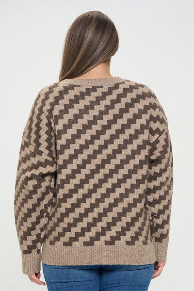 MOCHA BROWN PLUS SIZE STEP-UP PATTERN SWEATER 3-2-1