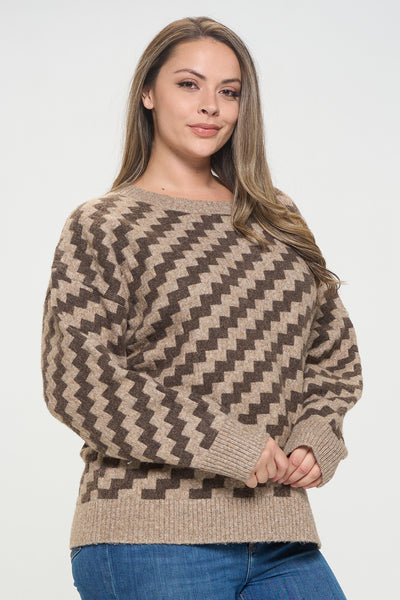 MOCHA BROWN PLUS SIZE STEP-UP PATTERN SWEATER 3-2-1