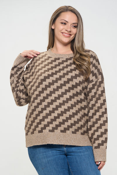 MOCHA BROWN PLUS SIZE STEP-UP PATTERN SWEATER 3-2-1