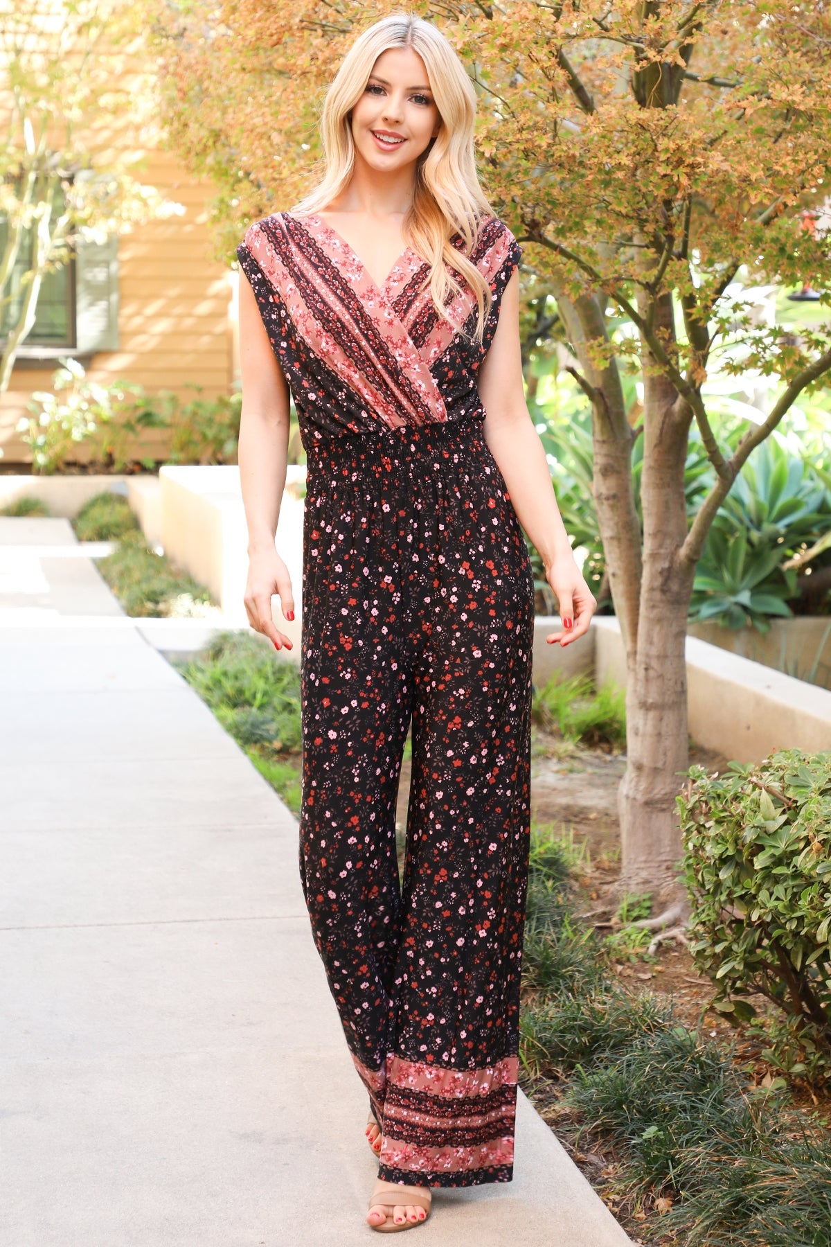 BLACK PLUS SIZE MULTI DITSY FLORAL JUMPSUIT 3-2-1