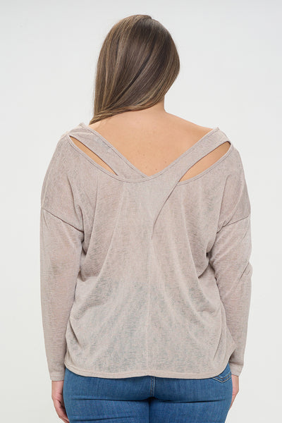 TAUPE PLUS SIZE LONG SLEEVE V-NECK TOP 3-2-1