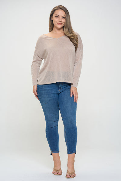 TAUPE PLUS SIZE LONG SLEEVE V-NECK TOP 3-2-1