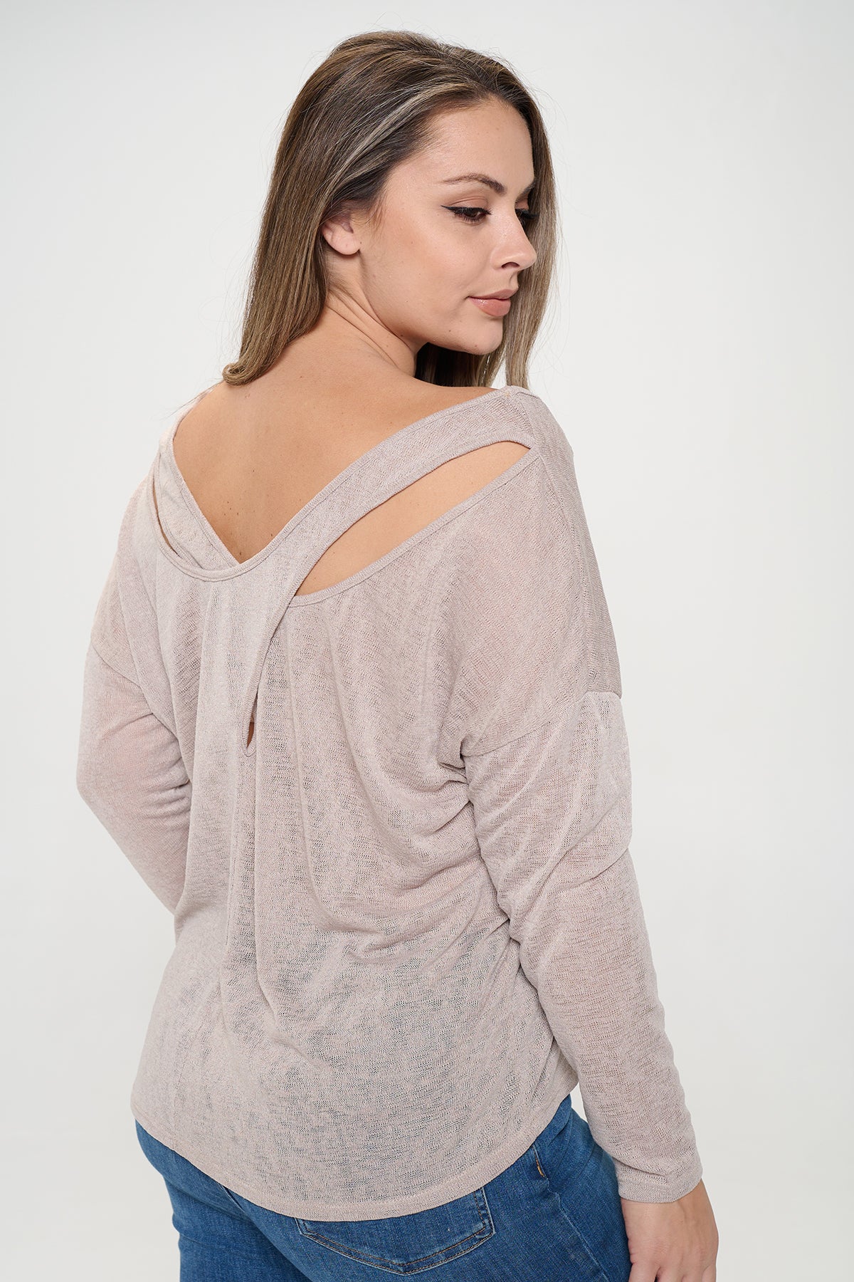 TAUPE PLUS SIZE LONG SLEEVE V-NECK TOP 3-2-1