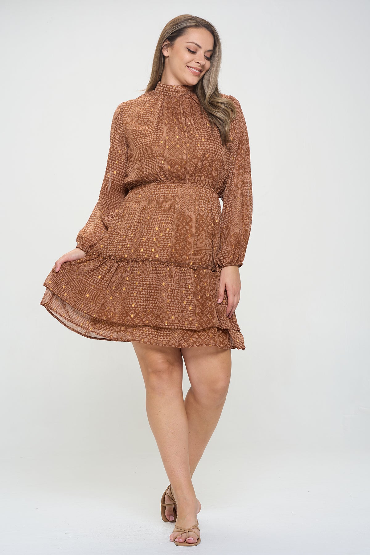 BROWN PLUS SIZE PRINTED LONG SLEEVE DRESS 3-2-1