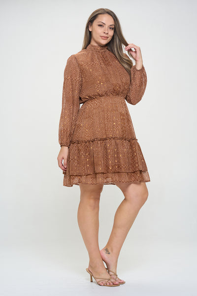 BROWN PLUS SIZE PRINTED LONG SLEEVE DRESS 3-2-1