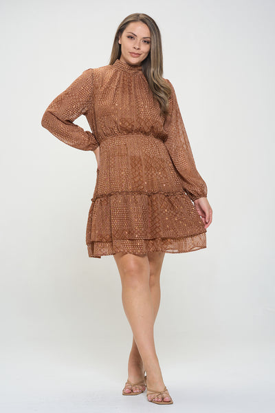 BROWN PLUS SIZE PRINTED LONG SLEEVE DRESS 3-2-1