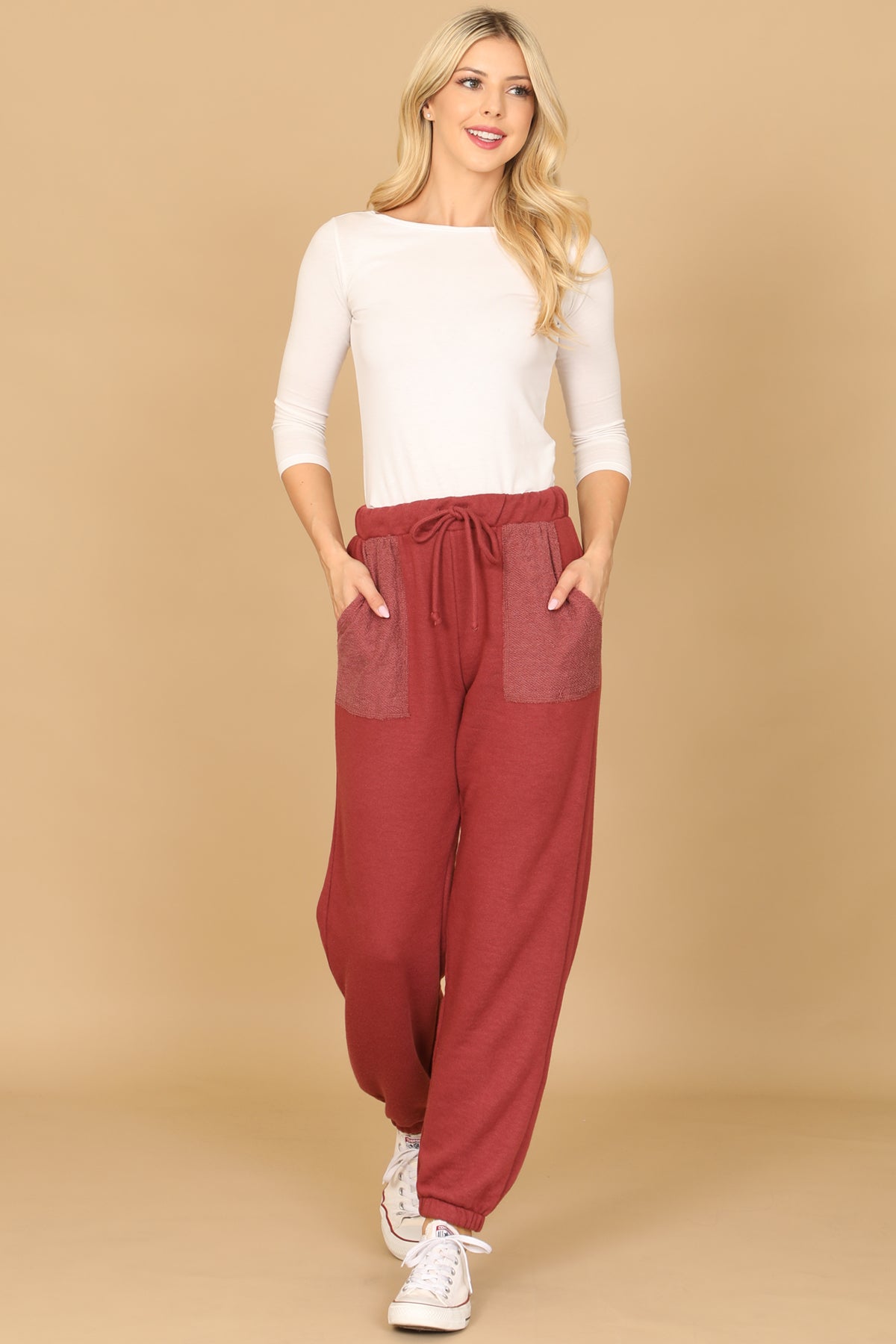 BURGUNDY WAIST TIE JOGGER PANTS 2-2-2