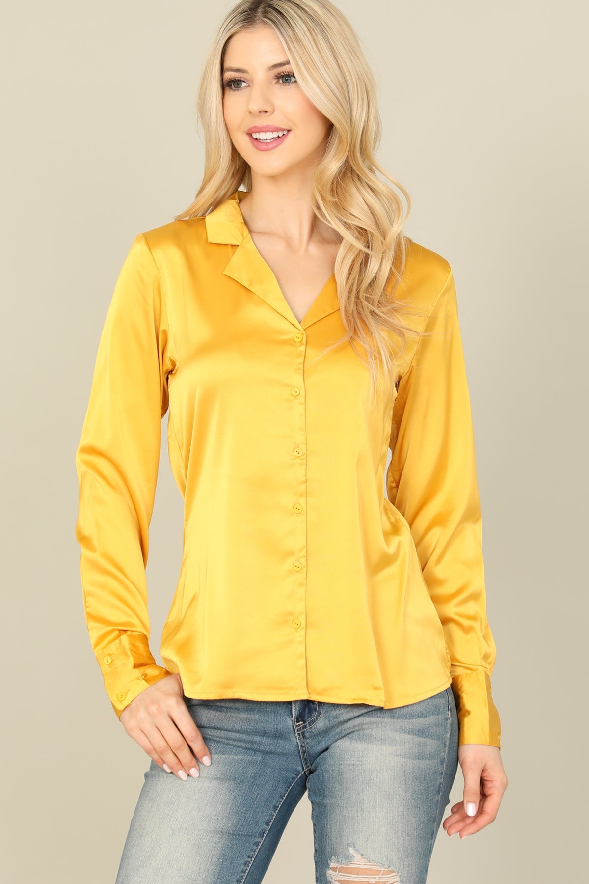 MUSTARD SILK LONG SLEEVE TOP 2-2-2 (NOW $5.75 ONLY!)