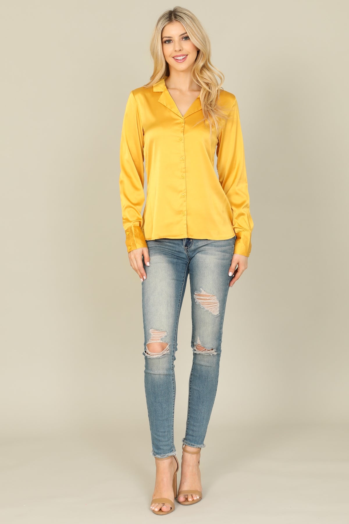 MUSTARD SILK LONG SLEEVE TOP 2-2-2 (NOW $5.75 ONLY!)