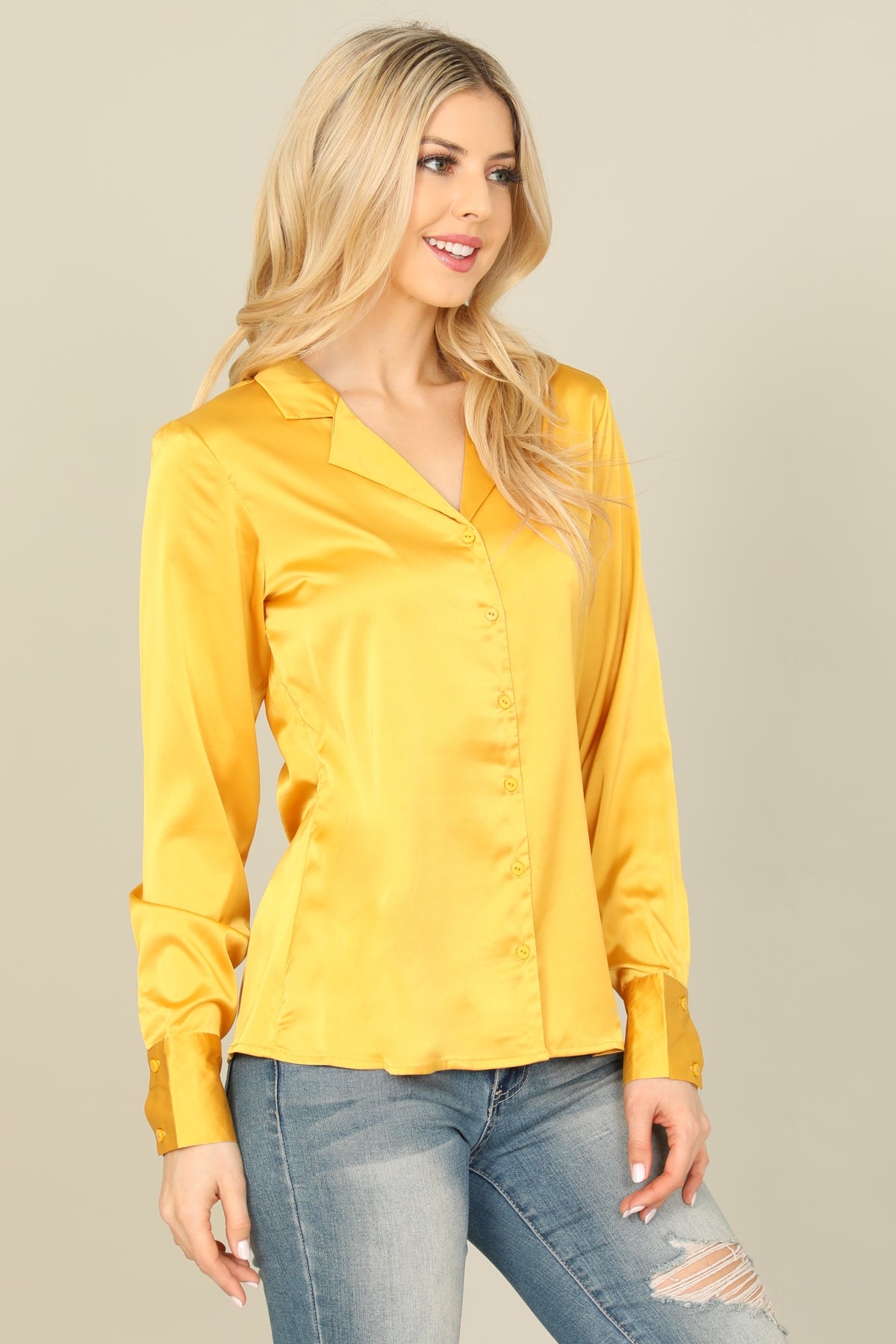 MUSTARD SILK LONG SLEEVE TOP 2-2-2 (NOW $5.75 ONLY!)