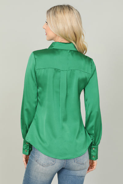 KELLY GREEN SHINY LONG SLEEVE BUTTON DETAIL TOP 2-2-2 (NOW $3.75 ONLY!)