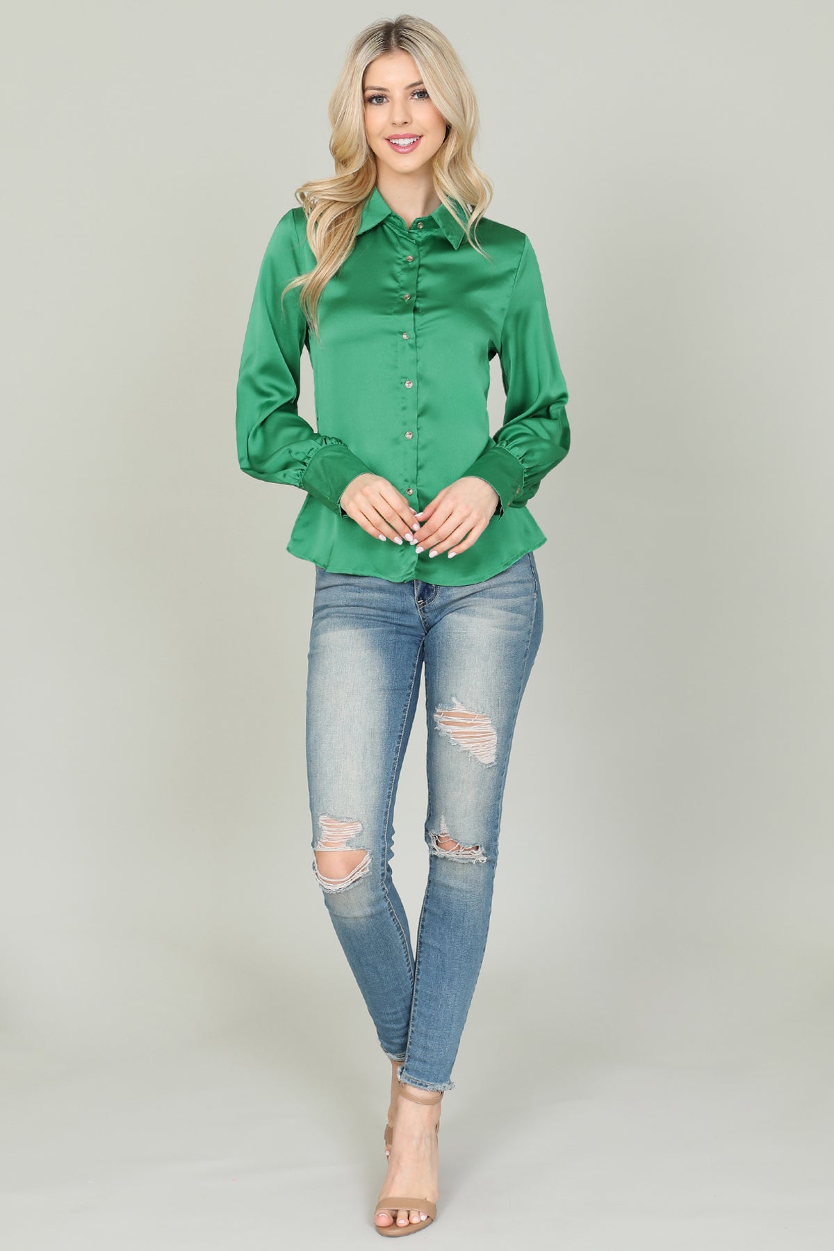 KELLY GREEN SHINY LONG SLEEVE BUTTON DETAIL TOP 2-2-2 (NOW $3.75 ONLY!)