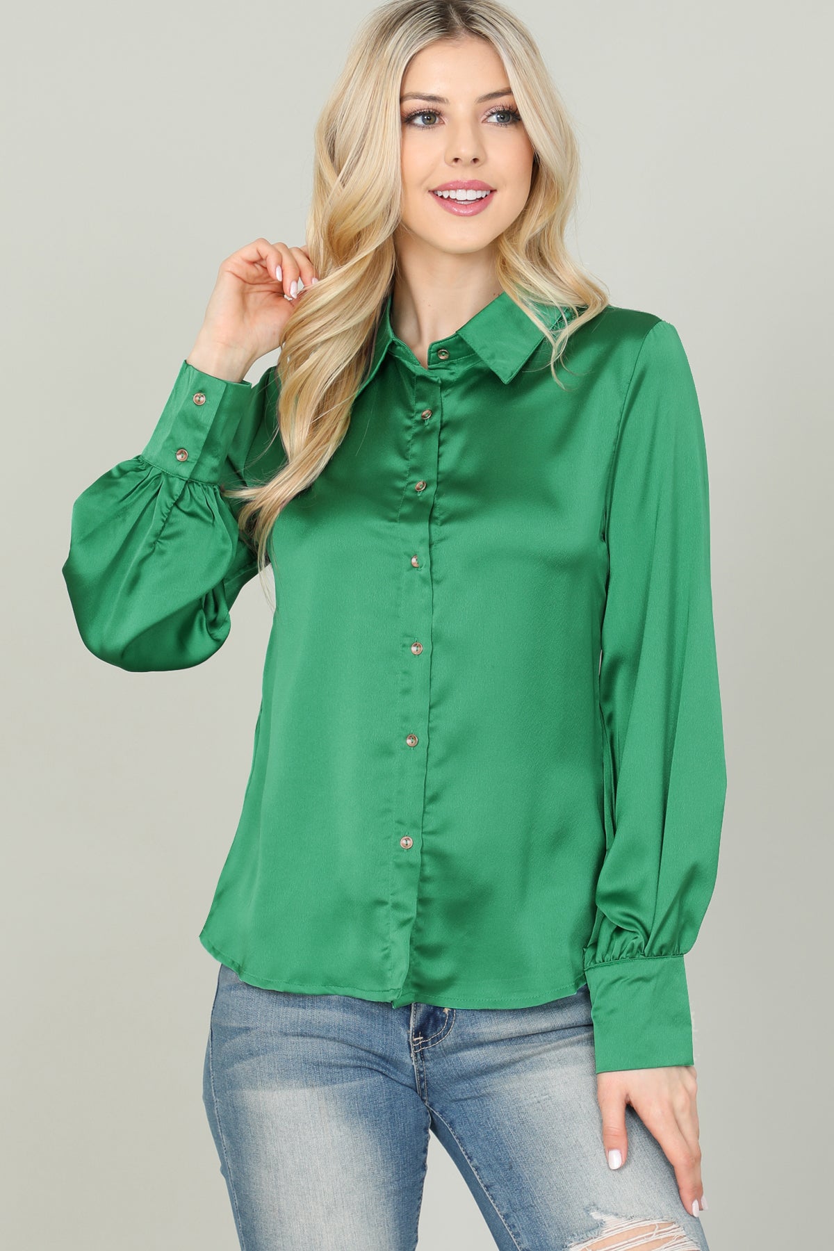 KELLY GREEN SHINY LONG SLEEVE BUTTON DETAIL TOP 2-2-2 (NOW $3.75 ONLY!)