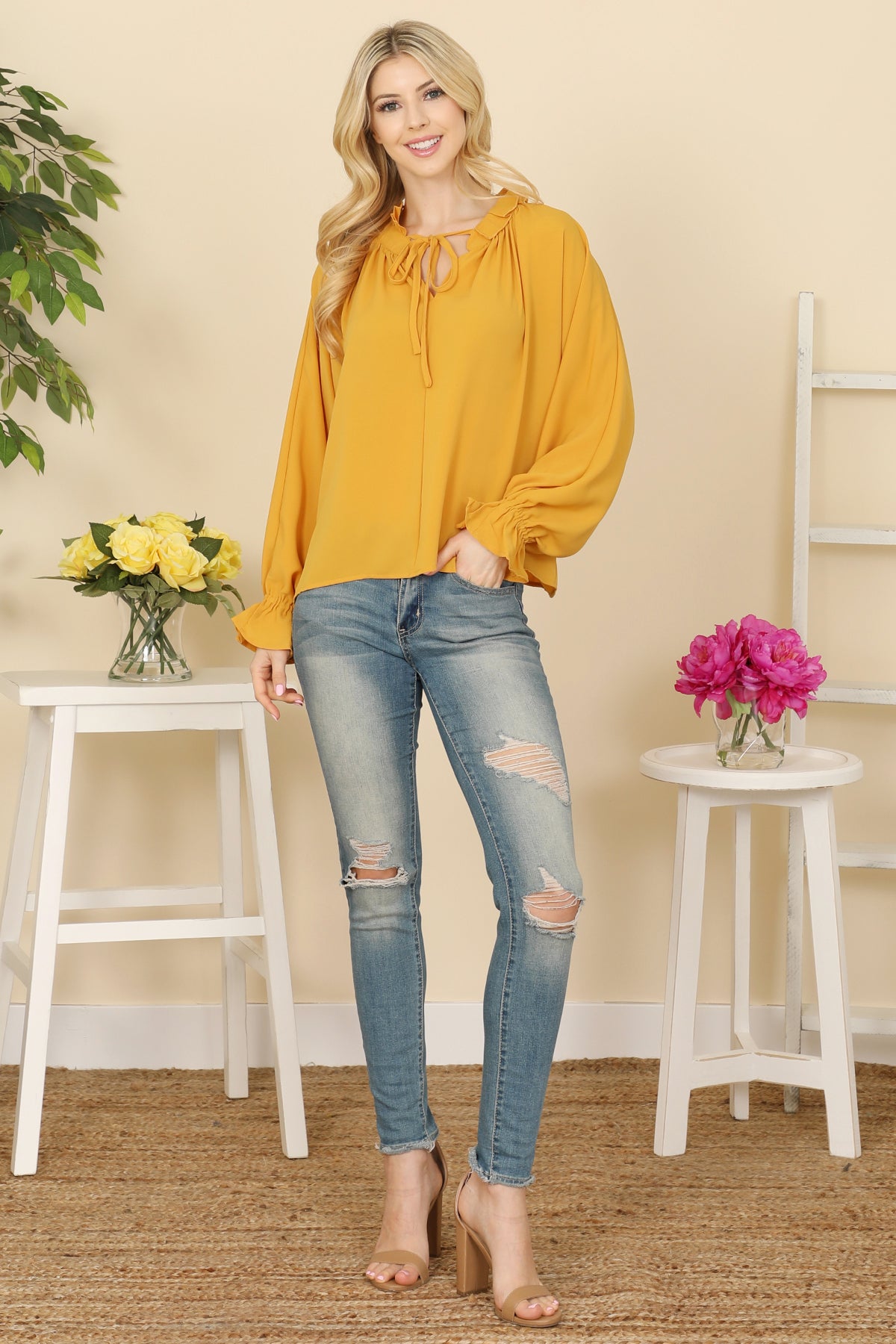 LONG SLEEVE RUFFLE TIE NECK TOP 2-2-2