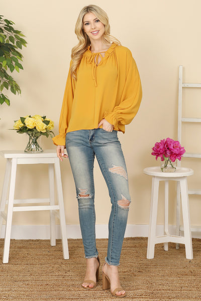 LONG SLEEVE RUFFLE TIE NECK TOP 2-2-2