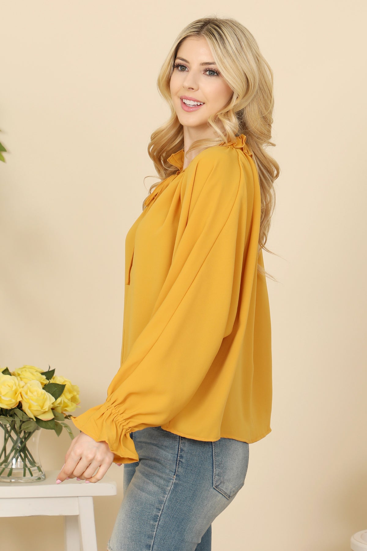 LONG SLEEVE RUFFLE TIE NECK TOP 2-2-2